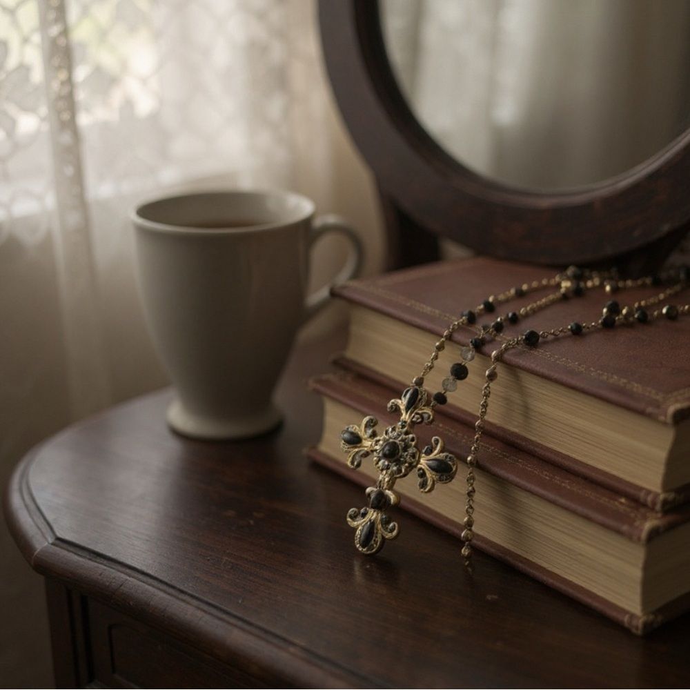 Vintage VCLM Cross Pendant Necklace Gold Tone Black & Clear Rhinestones